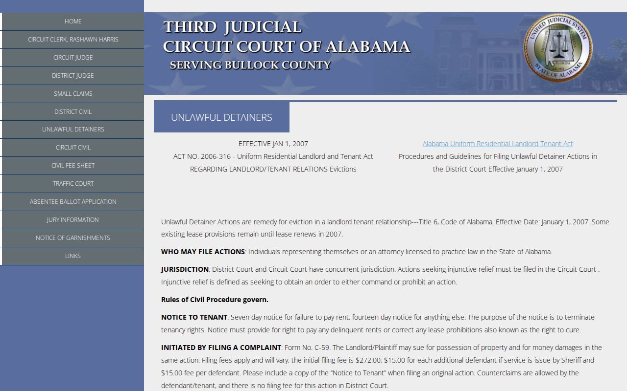 Bullock County civil docket unlawful detainer procedure