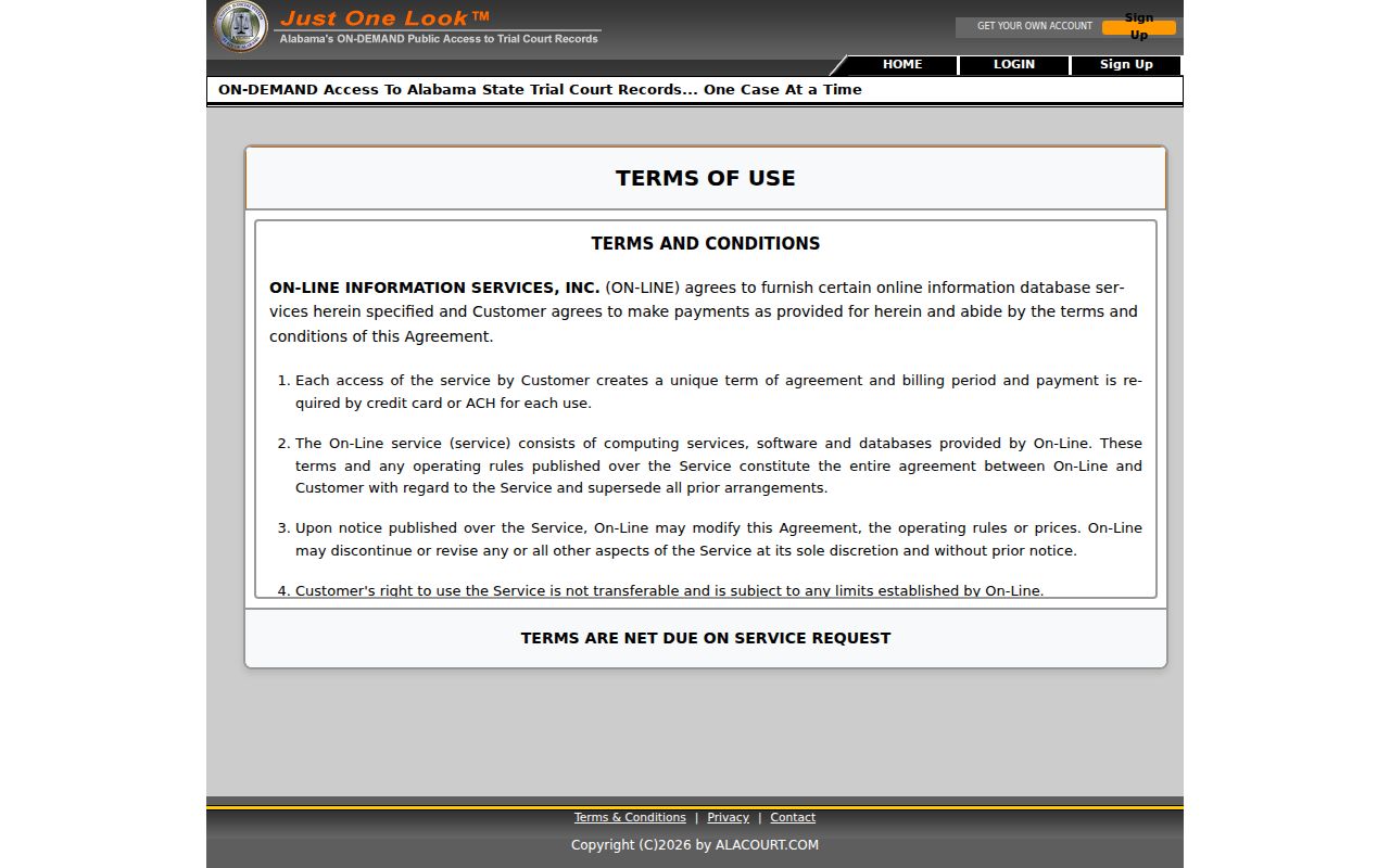 Bullock County case lookup using Just One Look terms and pricing