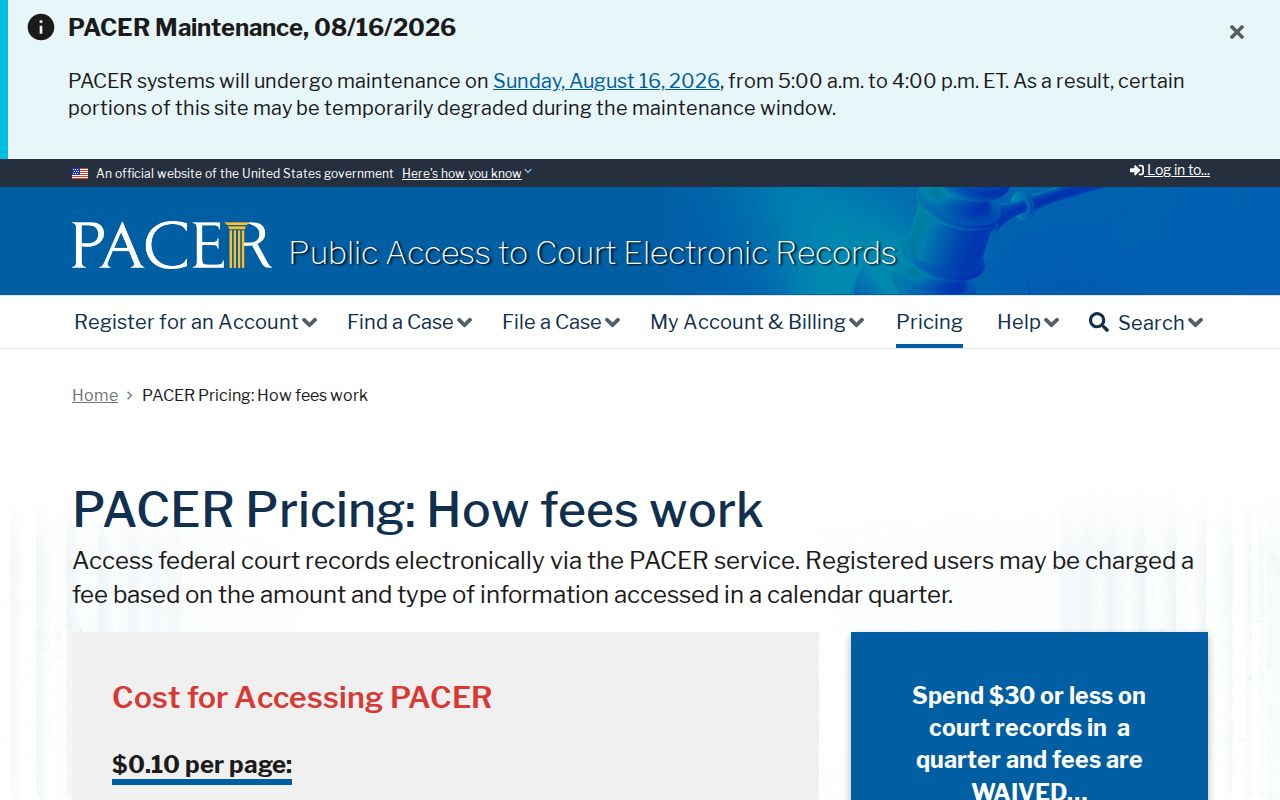 Bullock County federal docket search PACER pricing reference