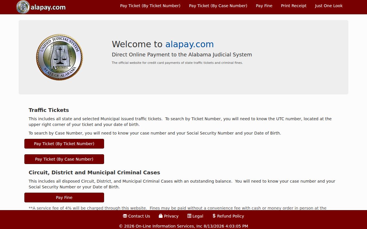 Bullock County traffic ticket payment home page in AlaPay