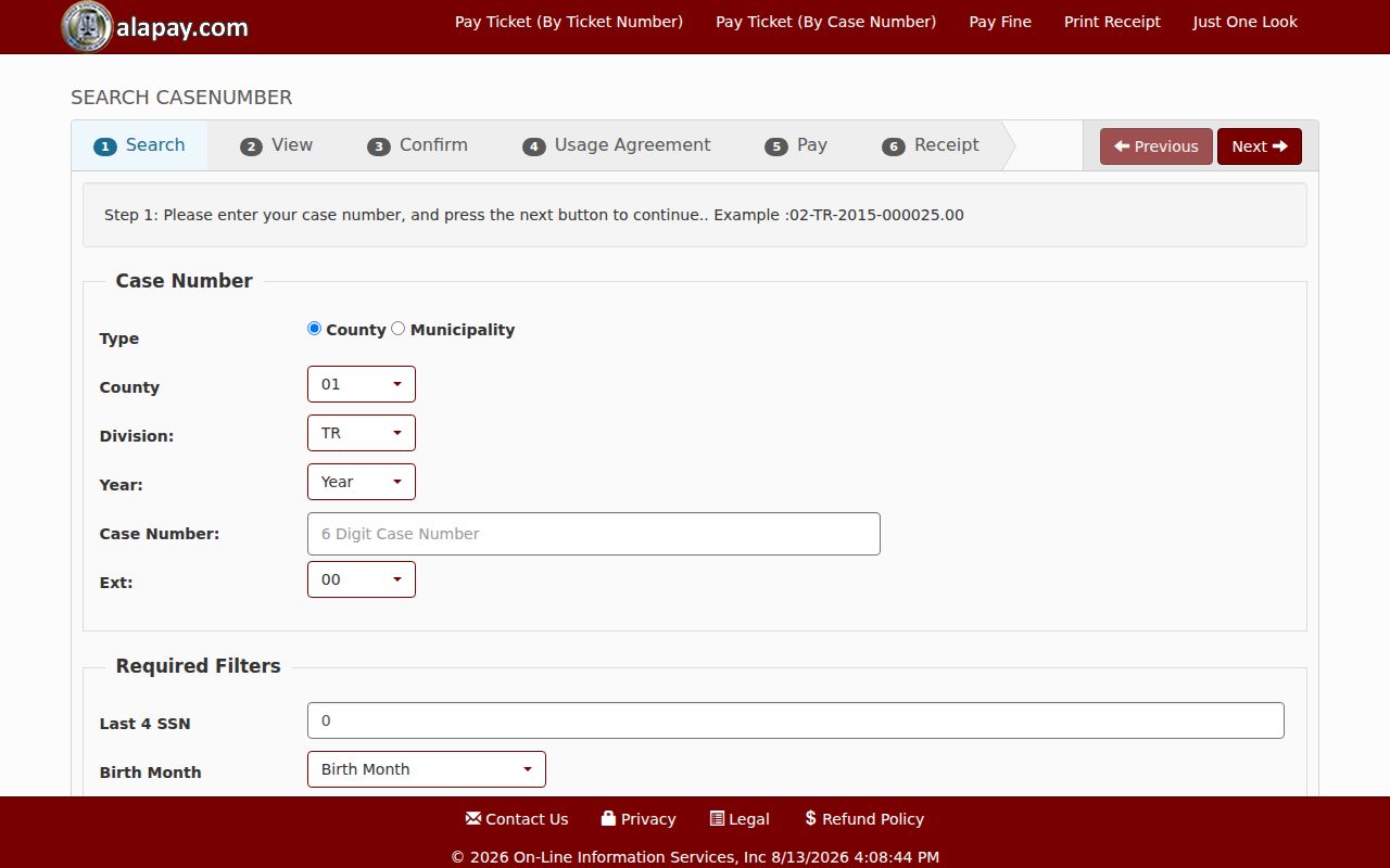 Bullock County traffic court case number payment lookup in AlaPay