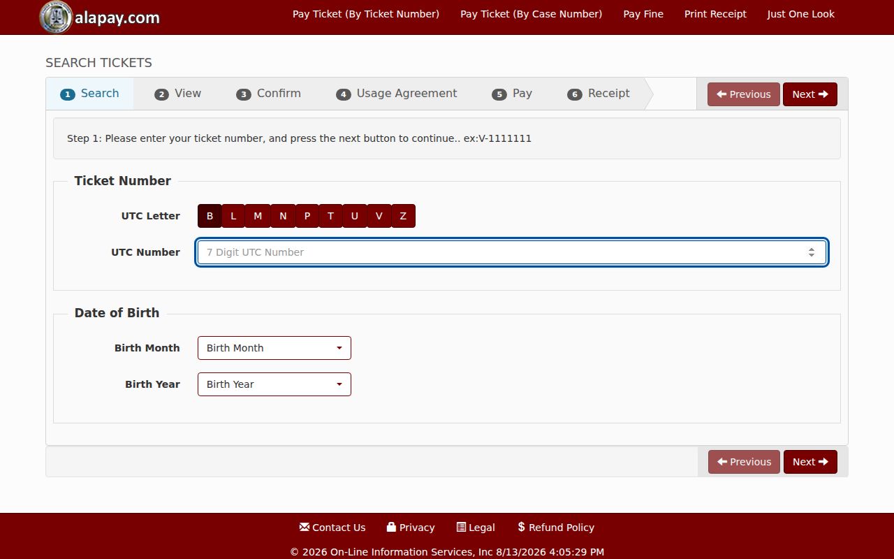 Bullock County traffic ticket UTC search fields in AlaPay